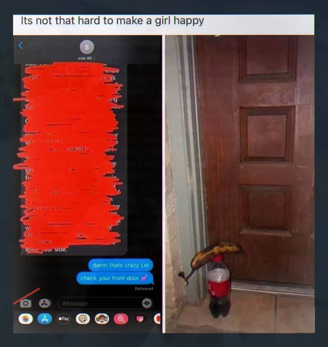 Text conversation showing a person leaving a single banana and a soda at a front door.