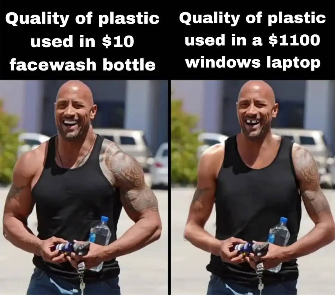 Comparison meme of Dwayne "The Rock" Johnson and an edited version representing laptop plastic quality.