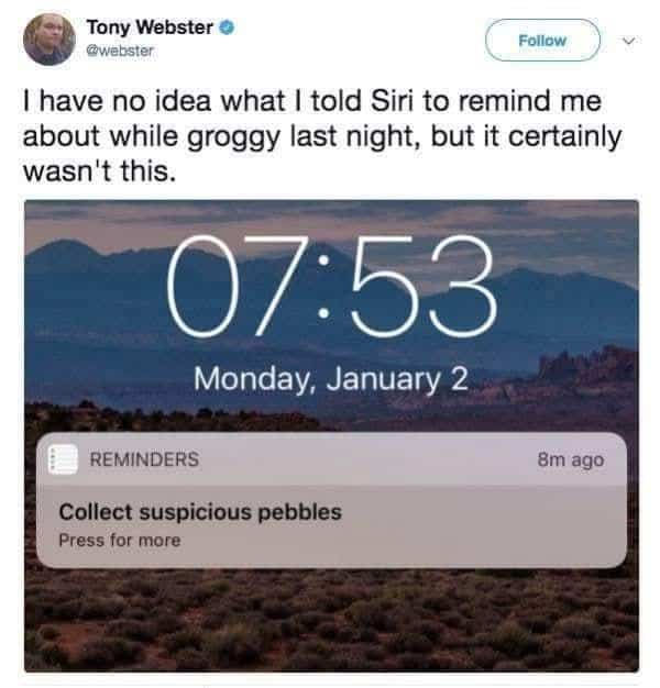 iPhone lock screen showing a Siri reminder notification to collect suspicious pebbles at 7:53 AM.
