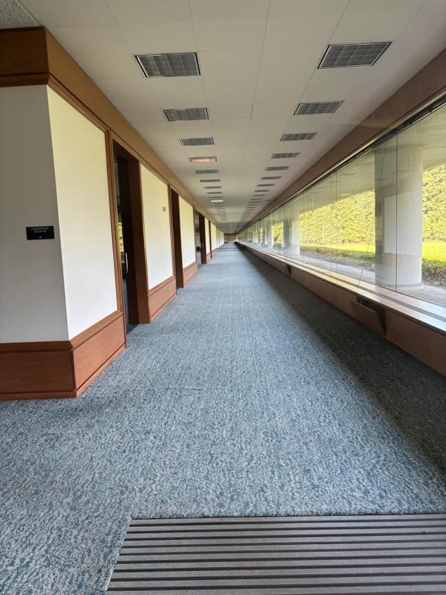 An endlessly long, deserted office corridor with blue carpet and a massive panoramic glass window wall captures the haunting, transitional quality of eerie liminal spaces.