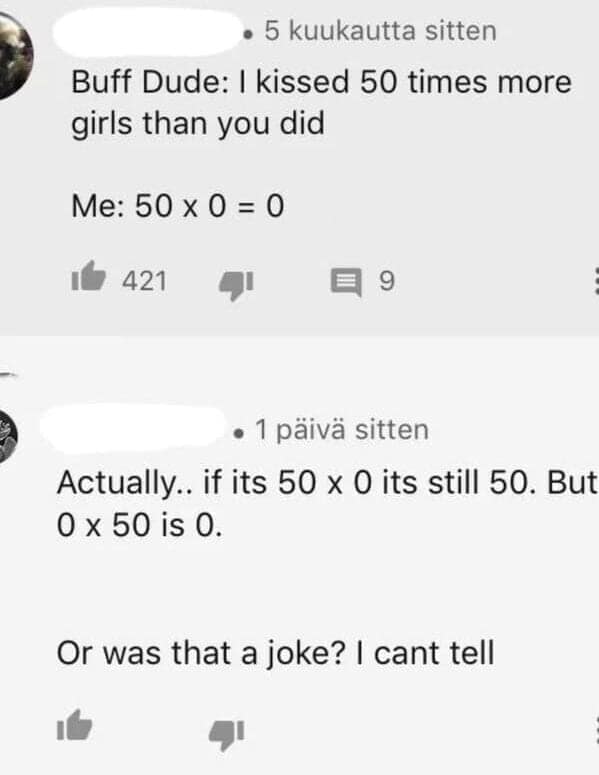 A math meme capturing a YouTube argument. After one user writes $50 \times 0 = 0$, a second user tries to correct them by claiming that "if its $50 \times 0$ its still 50," fundamentally failing at the most basic rules of multiplication.