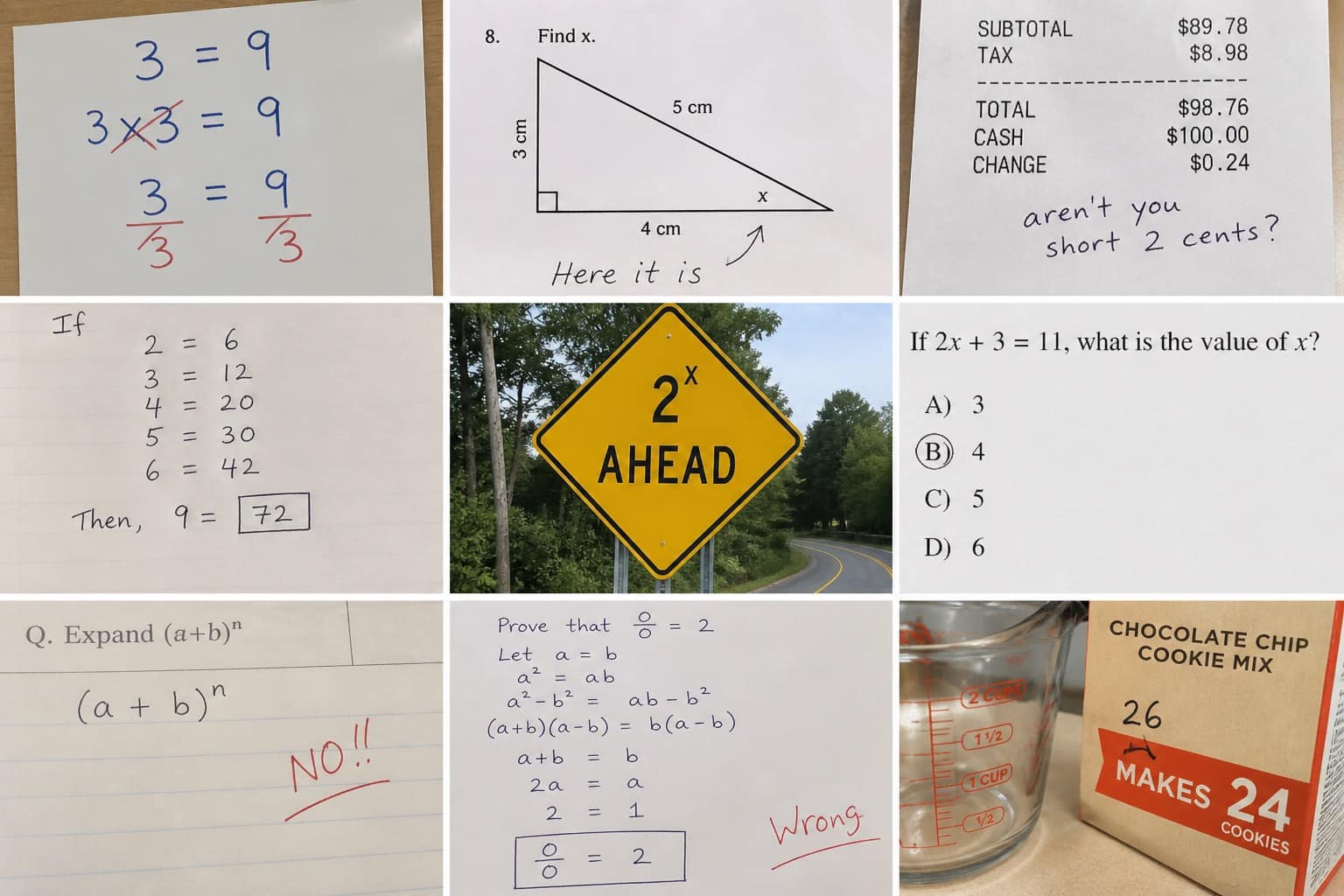 Math memes gallery of the internet's greatest numerical disasters, featuring the confidence of a person opting for $50 a month instead of a million dollars, the viral "once every 1,000 years" age addition trick, and the baffling logic of 318 million people each getting a million from a 318 million dollar pot.
