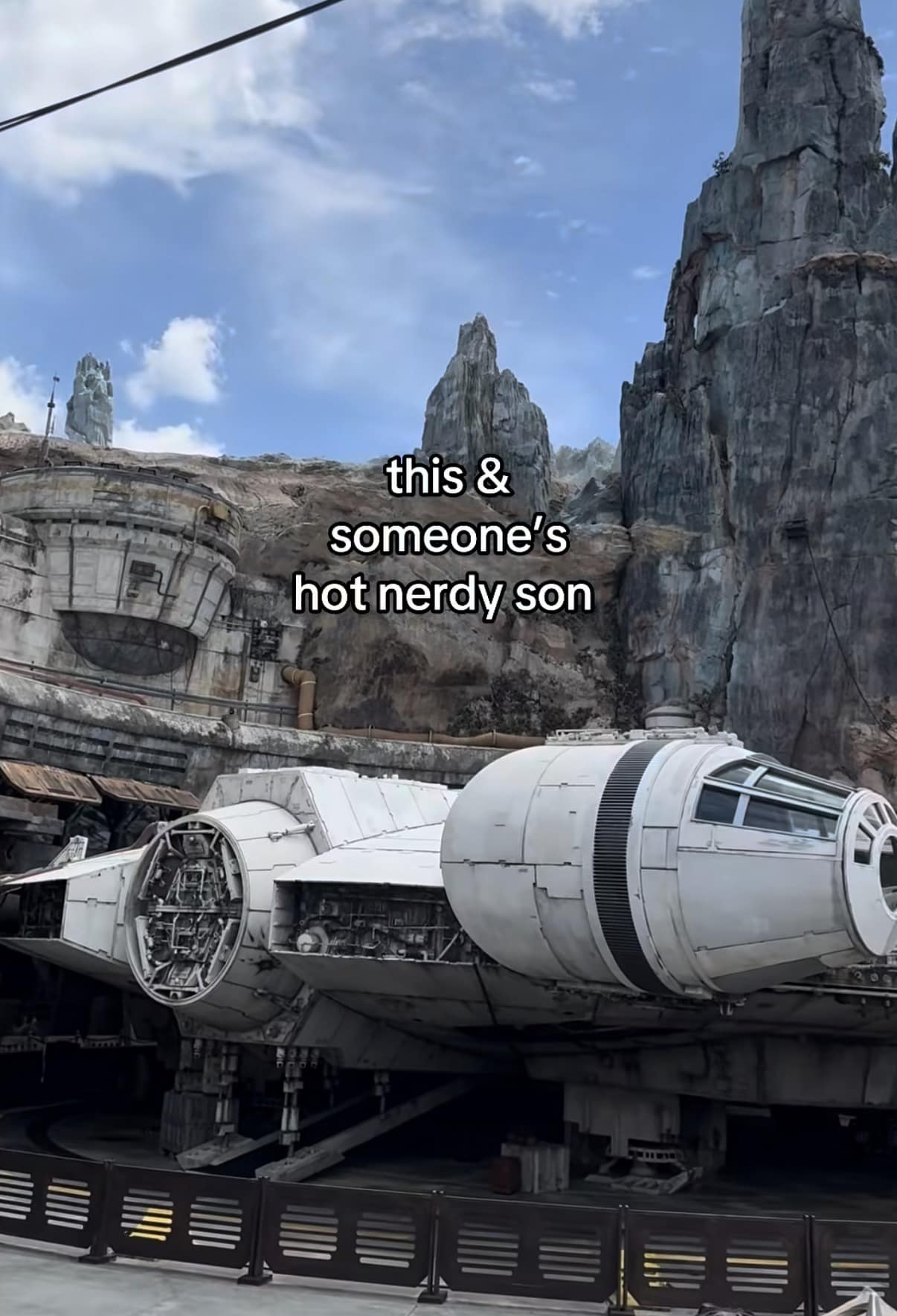 A meme dump photo of the life-sized Millennium Falcon at Disney World with text longing for a "hot nerdy son" to share the experience with.