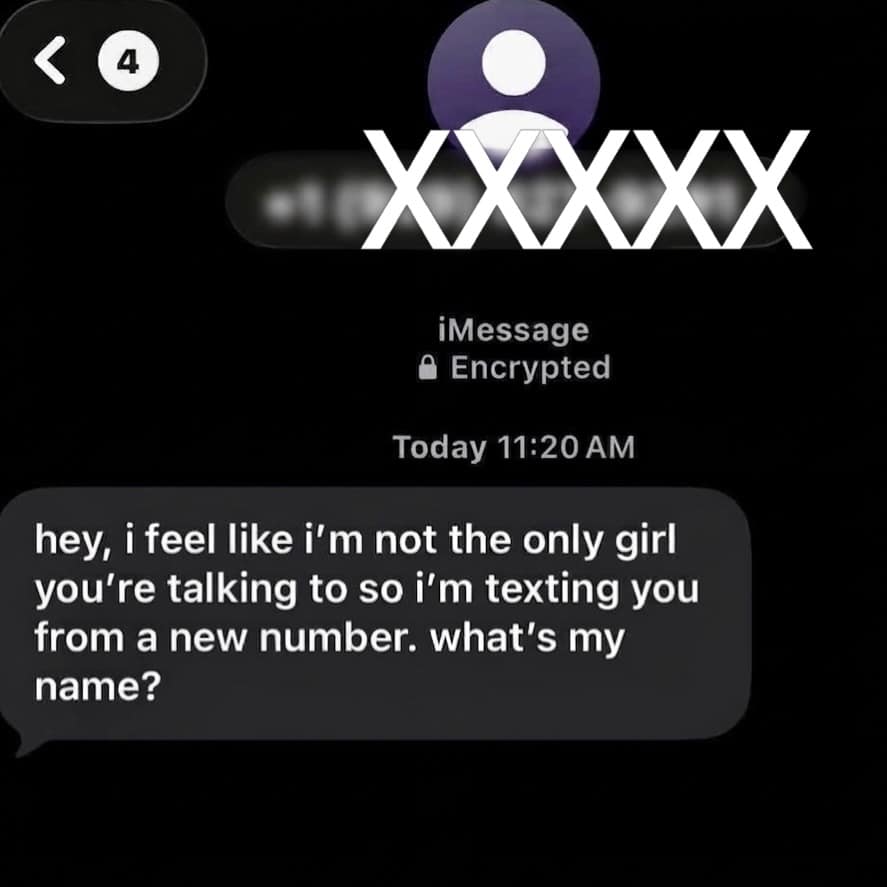 A dark-mode iMessage screenshot details an ultimate relationship loyalty test where an unknown contact messages a recipient asking them to guess her name, shared as a viral funny meme.