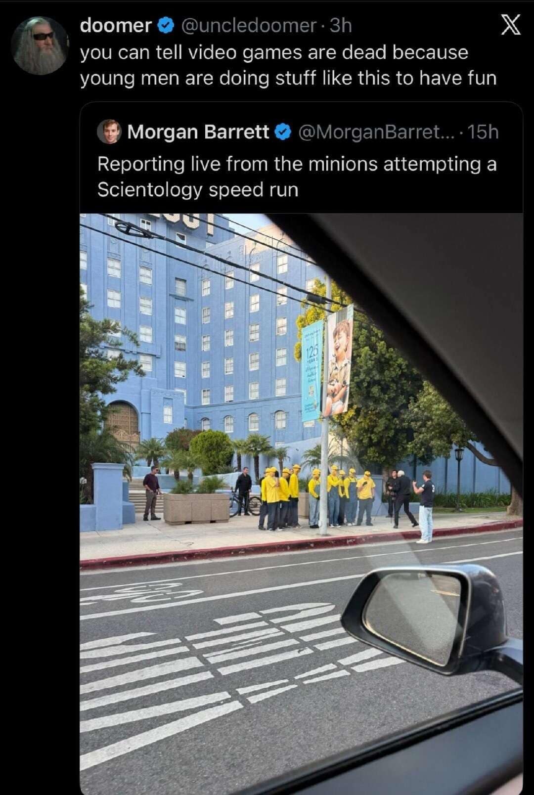 A viral photo shared in this meme dump showing a group of people dressed as Minions standing in front of a blue Scientology building, labeled as a "Scientology speed run."