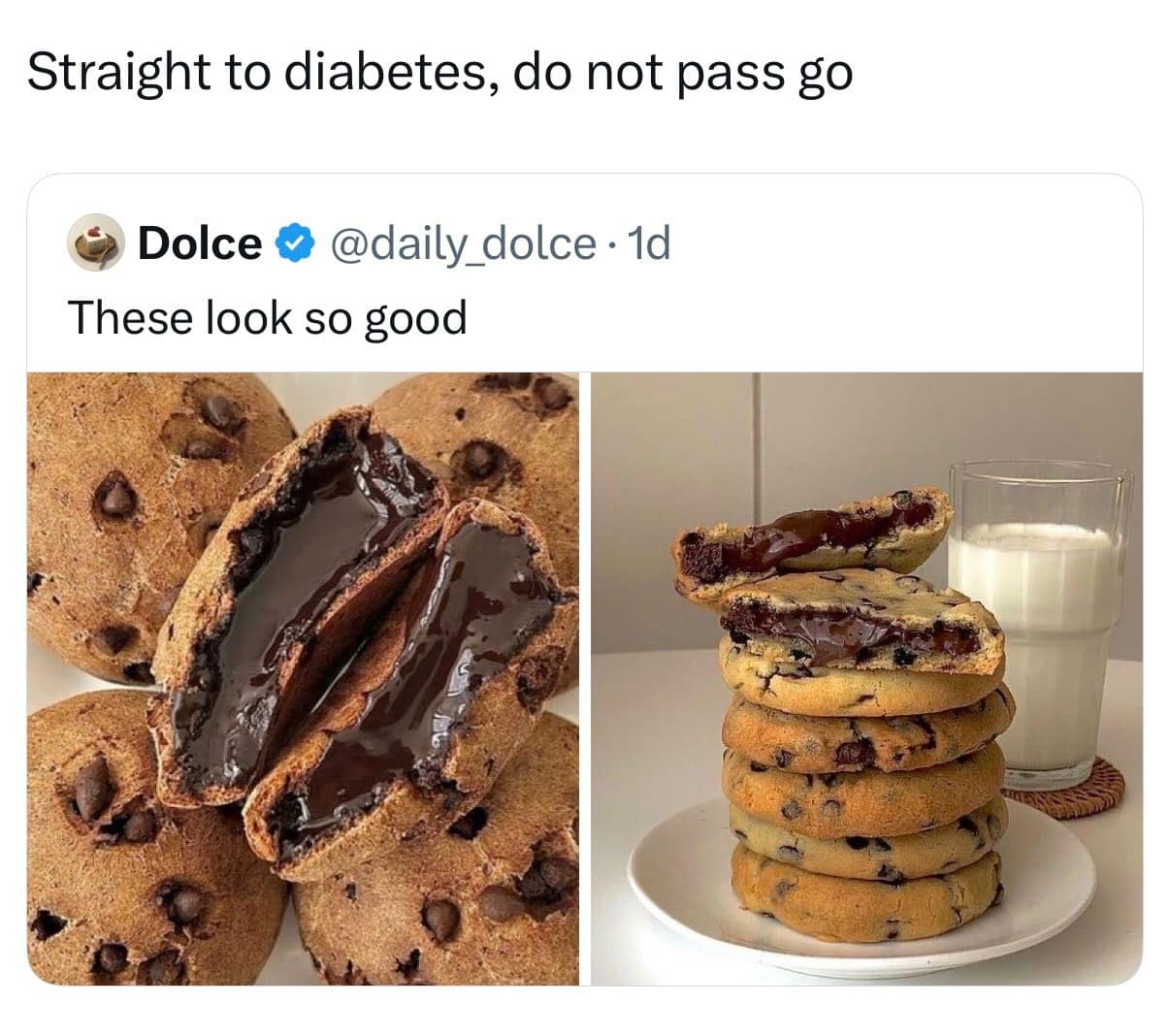 A close-up view of stacked chocolate chip cookies bursting with hot, oozing liquid fudge ganache frames a dramatic funny meme about extreme sugar cravings.