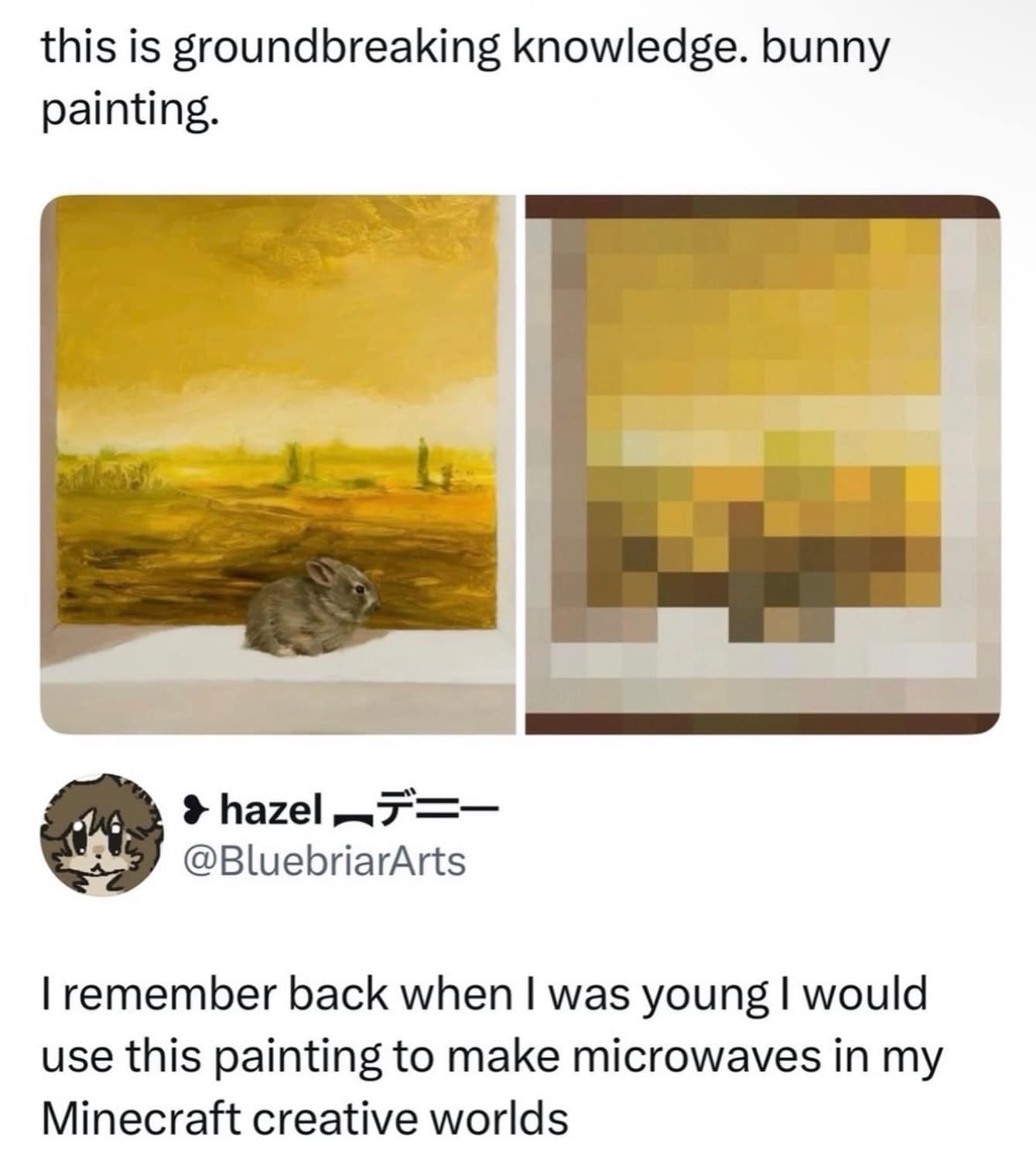 A side-by-side comparison shows a classical painting of a bunny on a ledge next to its blocky pixel-art translation from Minecraft, featured in a nostalgic meme dump post.