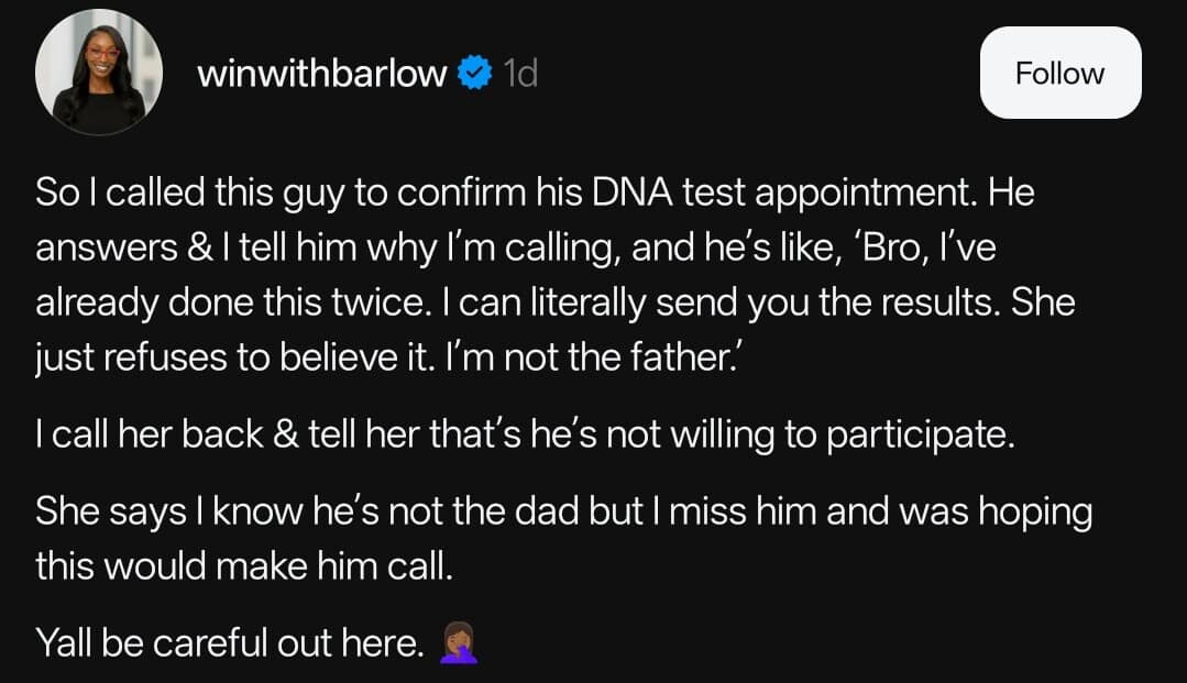 A wild tweet in a meme dump about a woman using a DNA testing clinic just to trick her ex into calling her back.