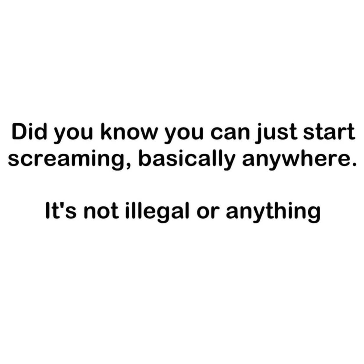 A stark black-and-white text graphic outlines a hilariously unhinged realization that public screaming is technically legal, acting as a viral piece of internet humor.