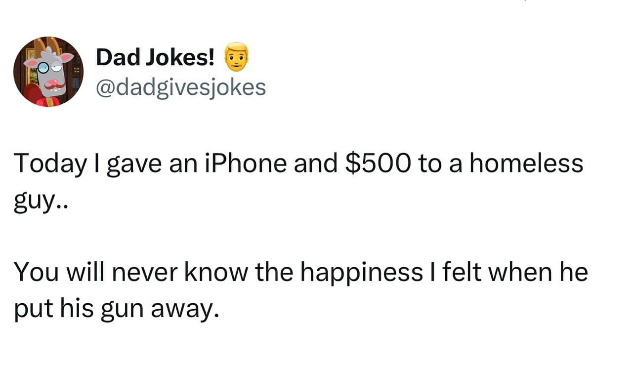 A dark comedy text post from a dad jokes social media account subverts a typical charitable smartphone donation narrative into an armed robbery scenario, anchoring a popular entry in this meme dump.
