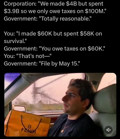 A meme dump entry contrasting corporate tax loopholes with individual tax burdens, featuring a stressed Michael Imperioli from The Sopranos clutching a Fendi shopping bag in a car.