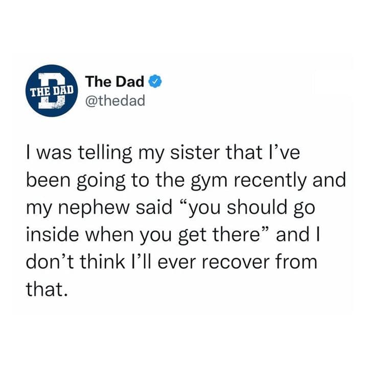 A minimalist text tweet from a parenting channel details a devastatingly blunt roast from a young nephew regarding an adult family member’s superficial gym habits, captured in a relatable meme dump.