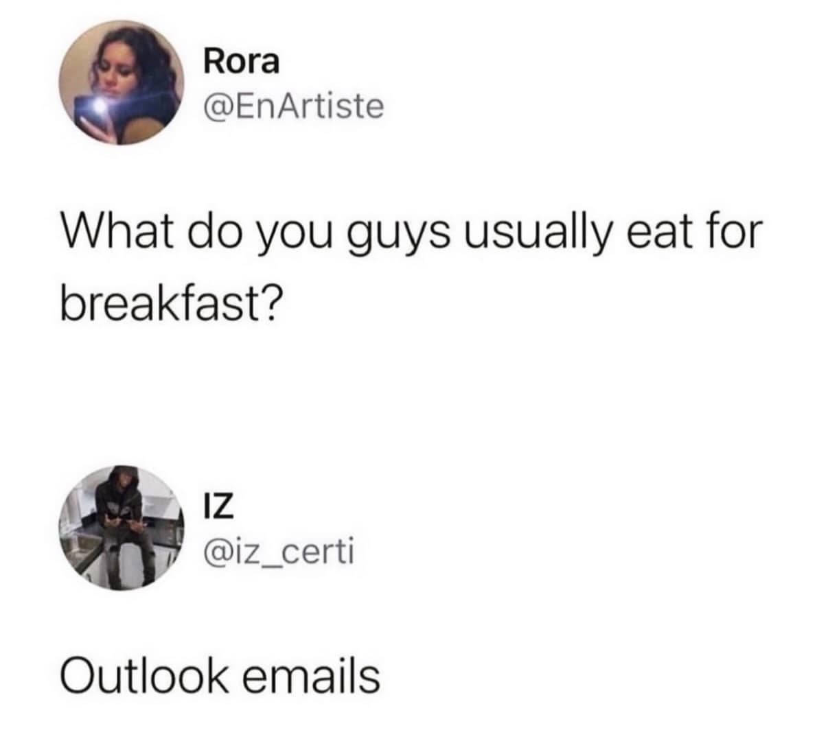 A short social media text exchange highlights a piece of corporate desk humor about kicking off the morning by consuming standard Microsoft Outlook work emails instead of eating breakfast, included in this meme dump.