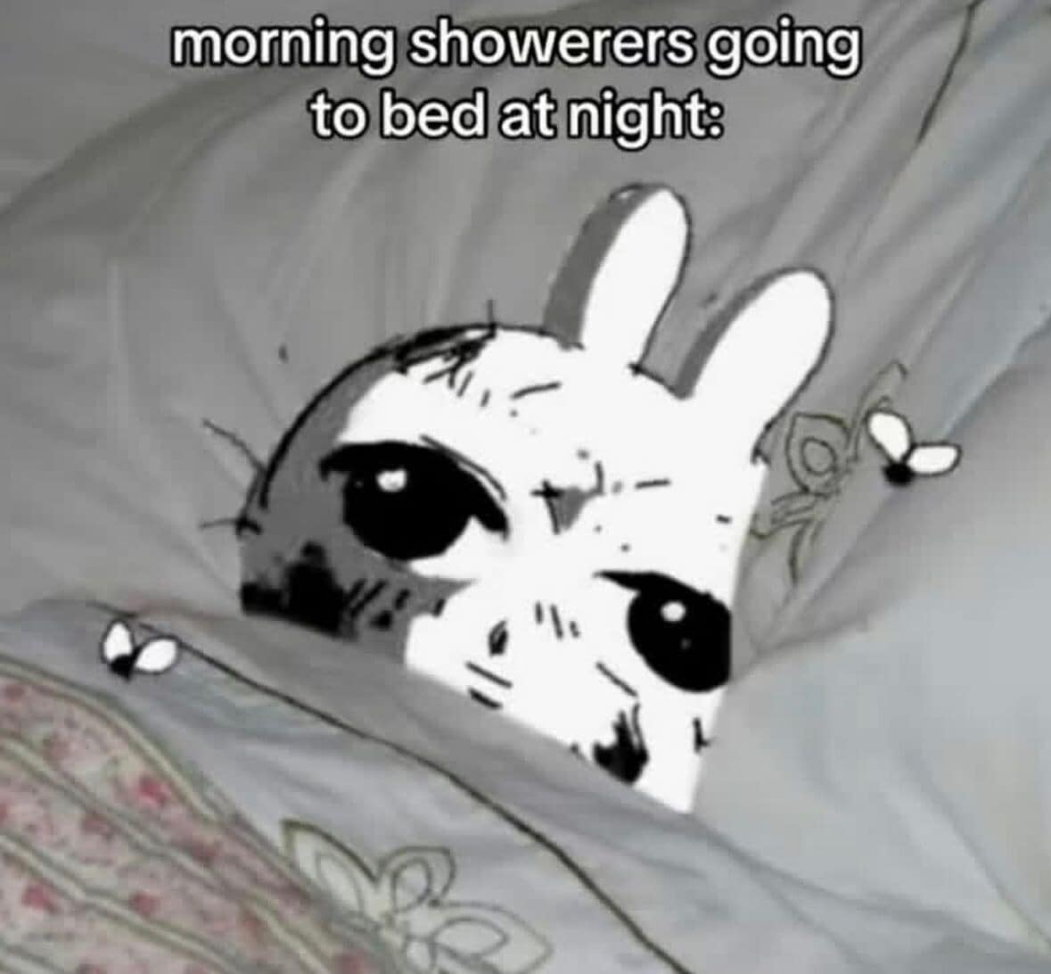 A grimy, black-and-white drawing of a rabbit looking exhausted and dirty in bed with flies circling it, used as a funny meme to describe people who shower in the morning but go to bed dirty.
