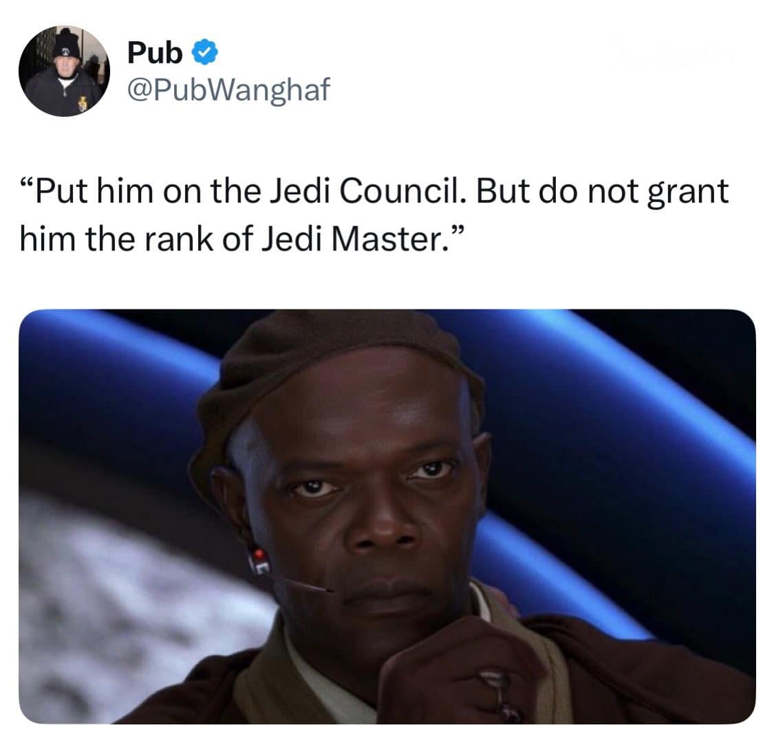 Actor Samuel L. Jackson as Jedi Master Mace Windu glares forward during an iconic political council scene from the Star Wars prequel franchise, serving as a pop culture template in this meme dump.