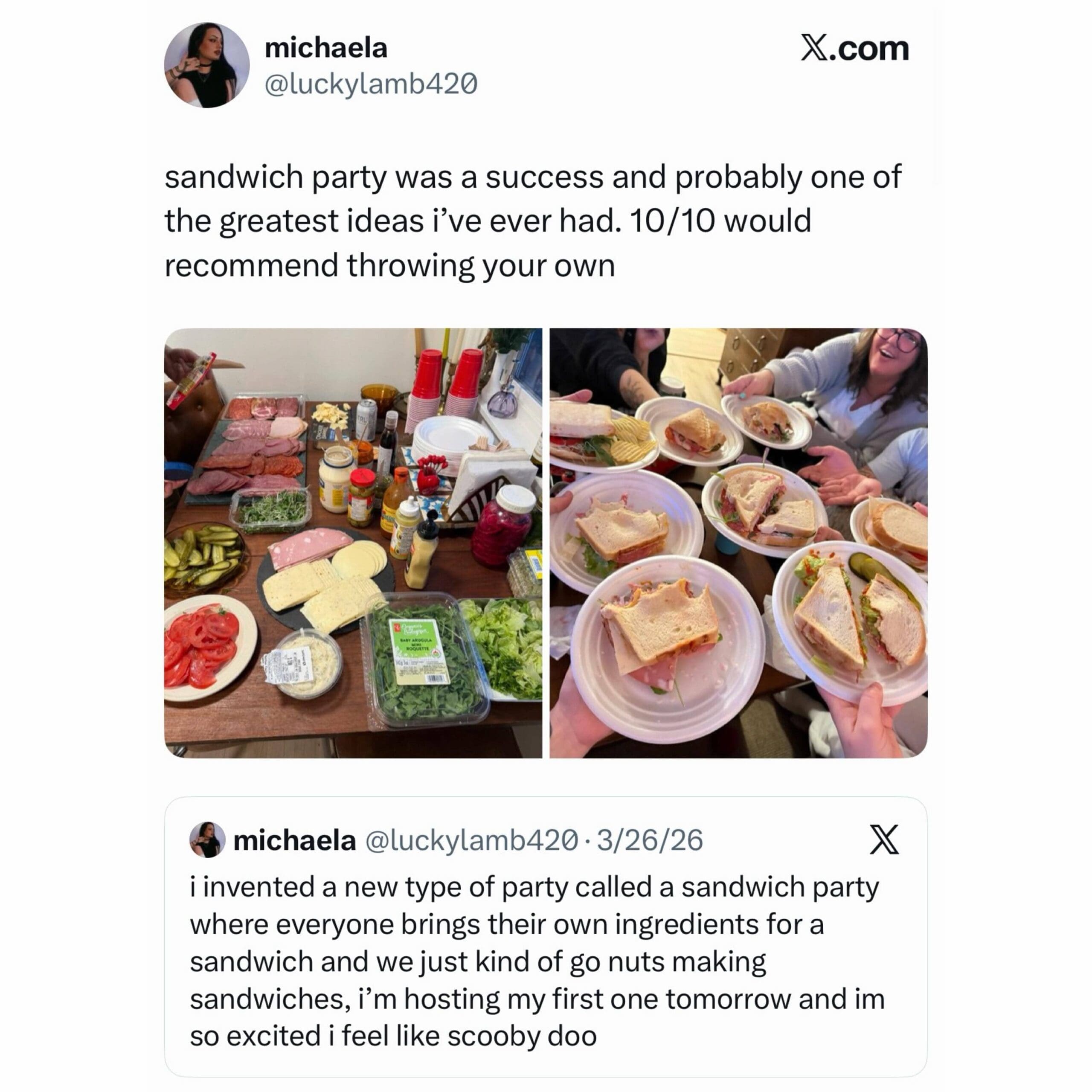 Social media post featuring photos of a "sandwich party" with a table full of deli ingredients.