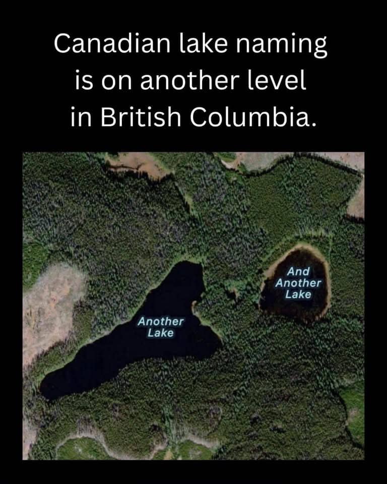 Aerial view meme joking about uncreative lake naming in British Columbia titled Another Lake.