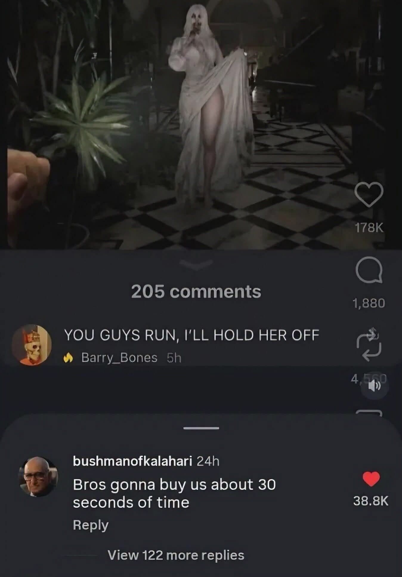 Funny social media comment thread reacting heroically to a video of a spooky ghost woman.