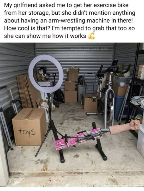 Meme of a storage unit containing a ring light and a questionable machine mistaken for arm-wrestling.