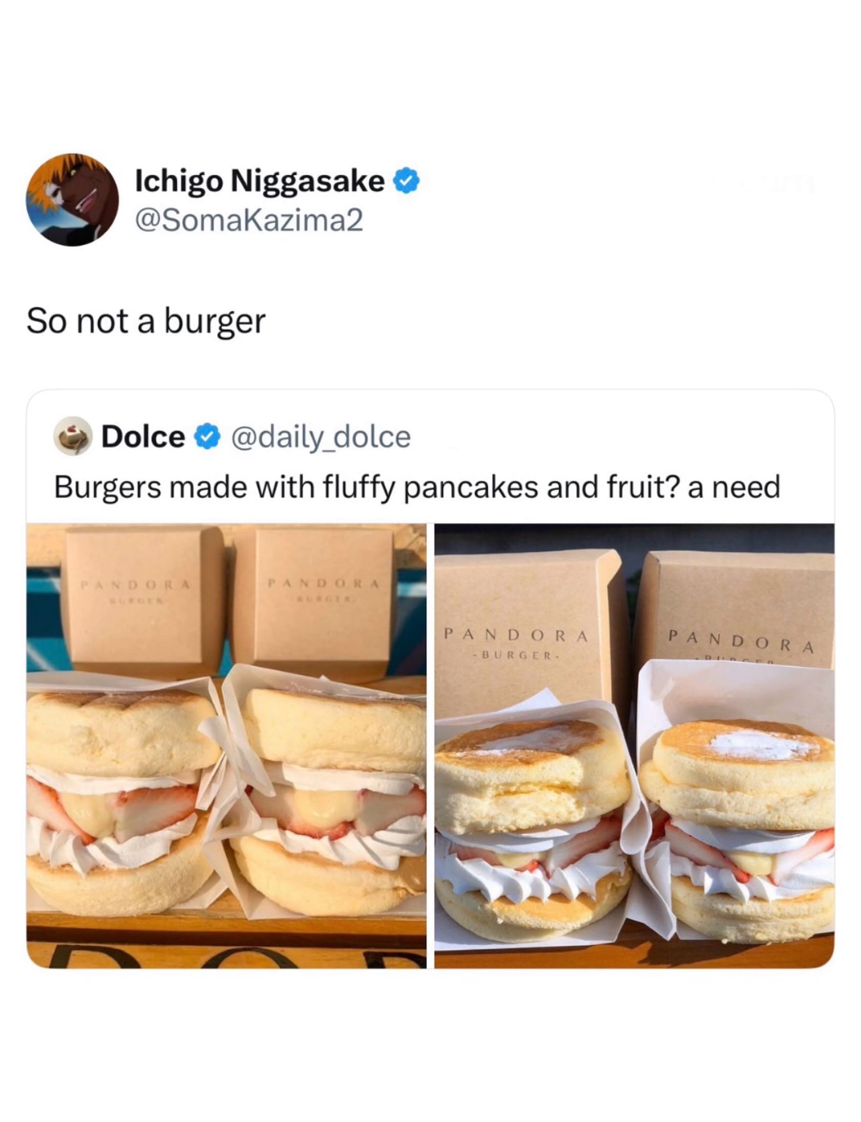 Social media debate over fluffy Japanese pancake sandwiches being incorrectly advertised as sweet burgers.