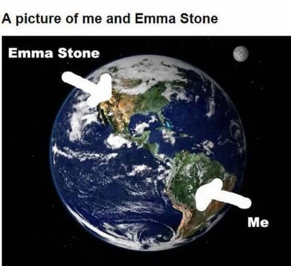 Funny space meme of Earth with arrows pointing to North America and South America as a picture of Emma Stone.
