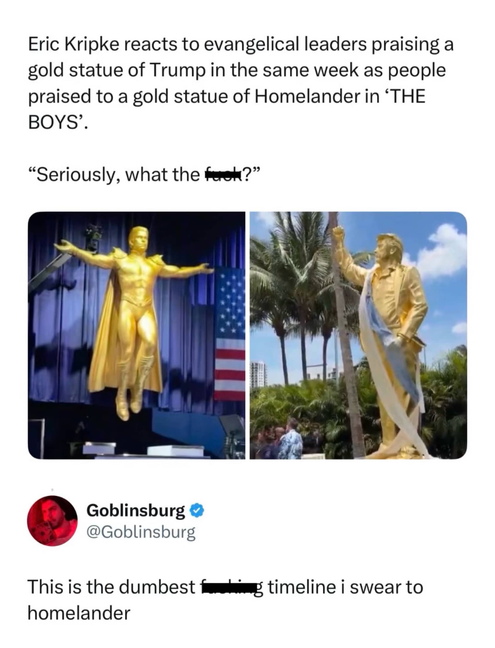 Meme comparing a gold Homelander statue from The Boys to a gold statue of Donald Trump.
