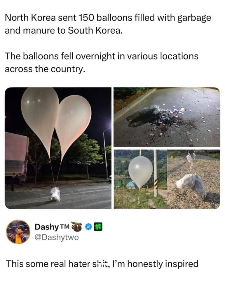 News meme about North Korea sending trash balloons to South Korea with a funny reaction comment.
