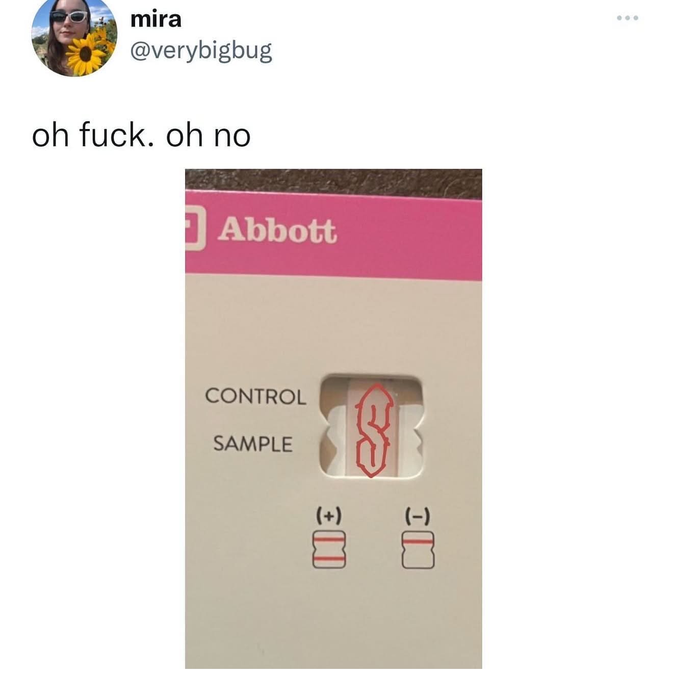 Funny tweet showing a rapid diagnostic test displaying a red Cool S graffiti drawing.