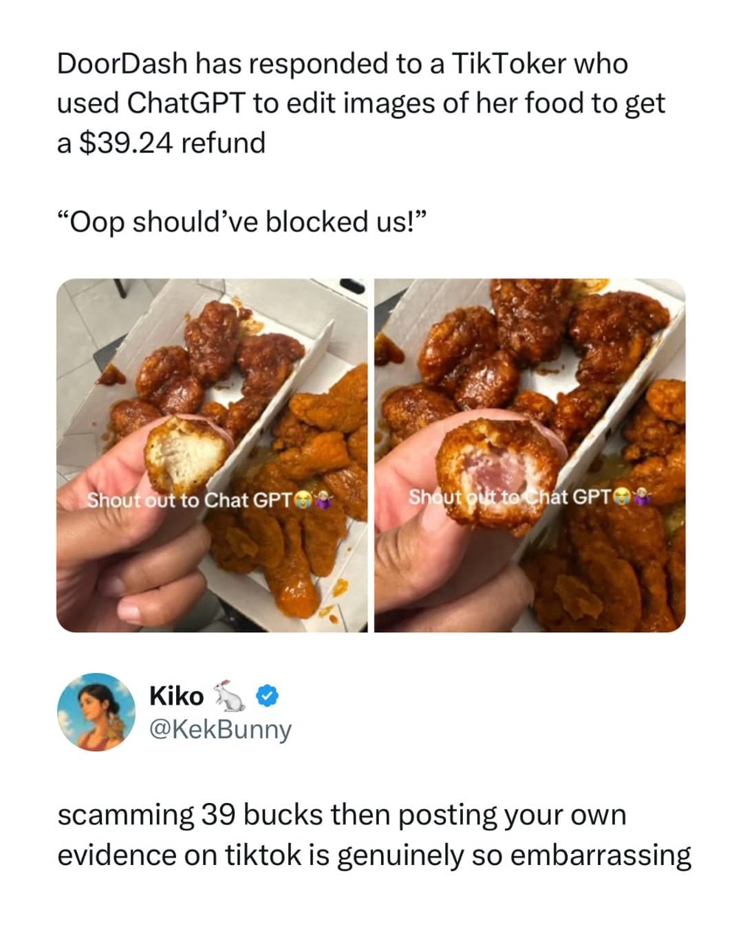 Social media post about a TikToker getting caught using ChatGPT to fake raw chicken for food refunds.