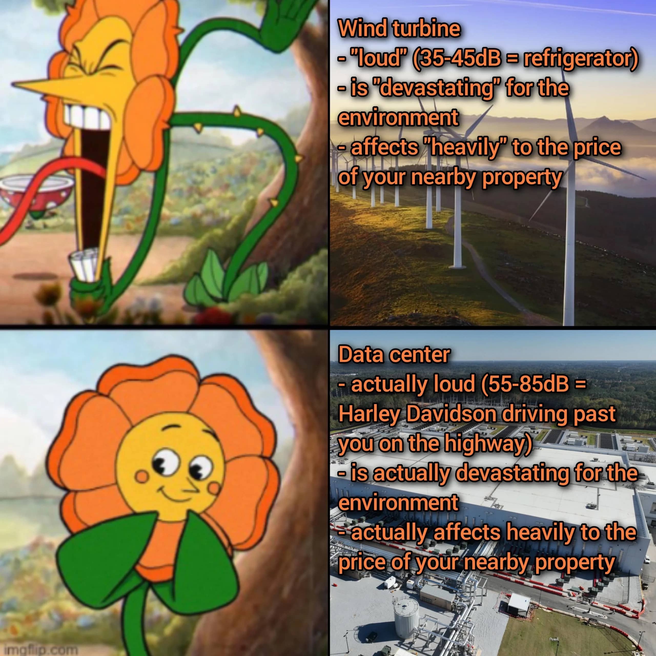 Cuphead flower meme comparing the environmental impact and noise levels of wind turbines versus data centers.
