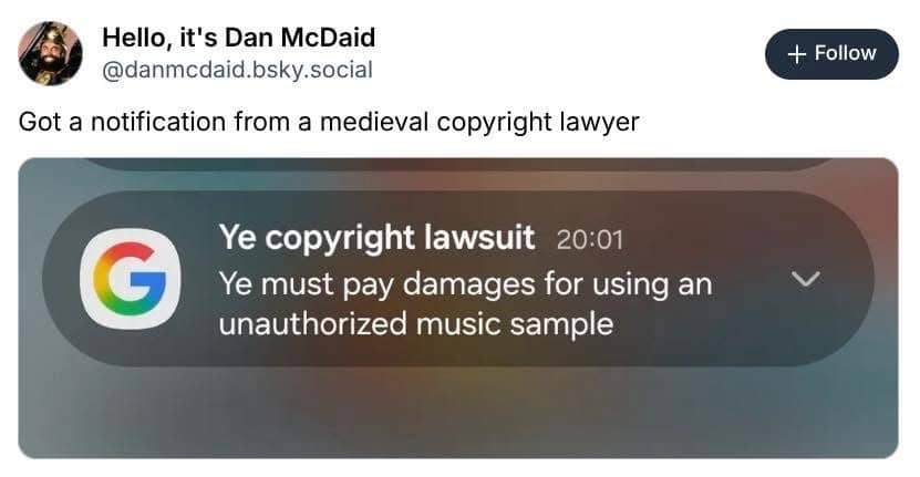 Clever music meme showing a fake Google phone notification about an archaic Ye copyright lawsuit.