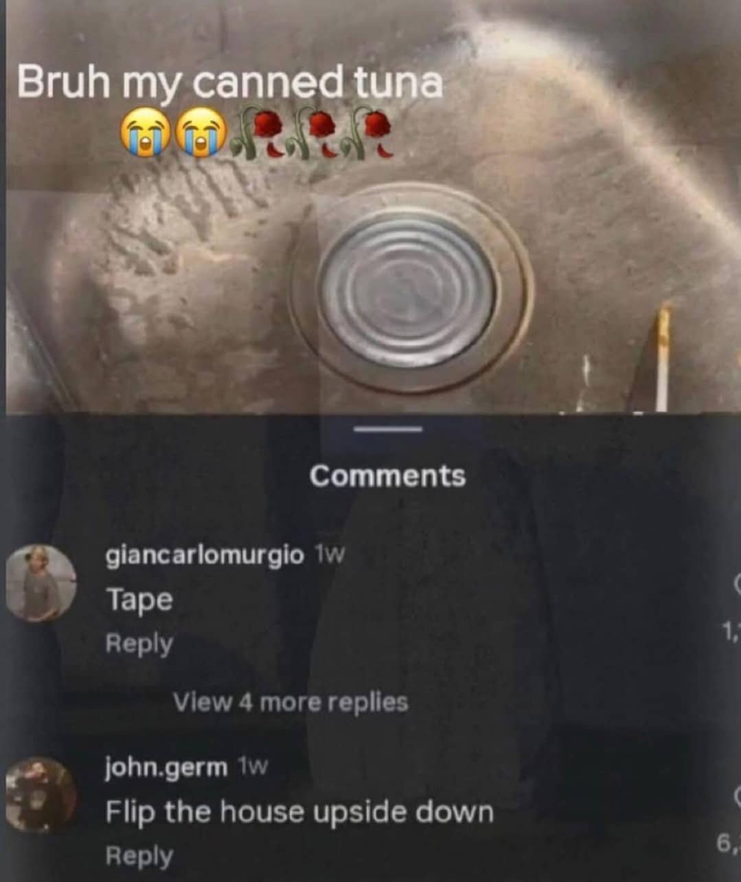 Internet fail meme showing an opened can of tuna stuck upside down over a kitchen sink drain.