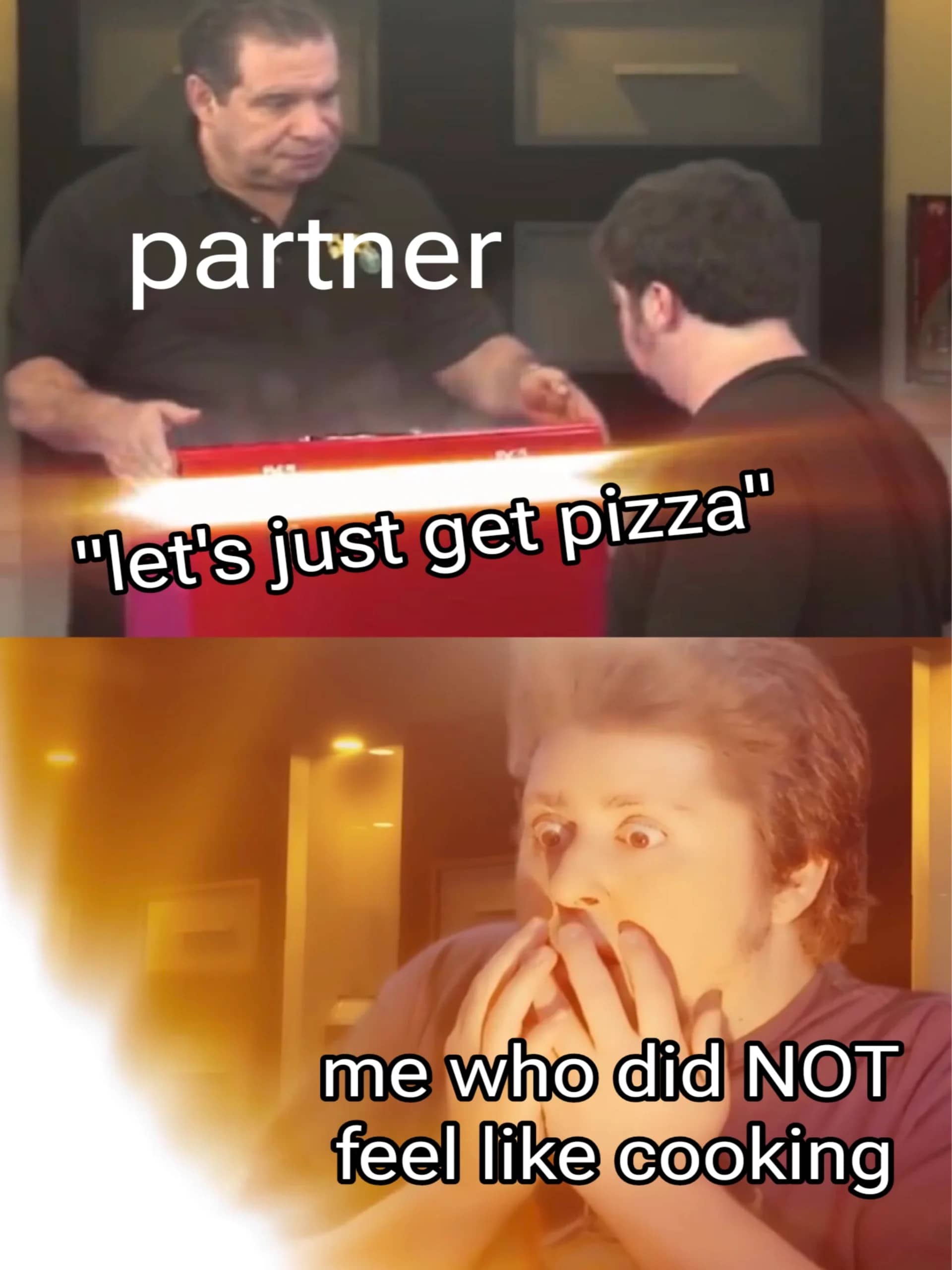 Phil Swift toolbox meme about feeling relieved when a partner suggests ordering pizza instead of cooking.