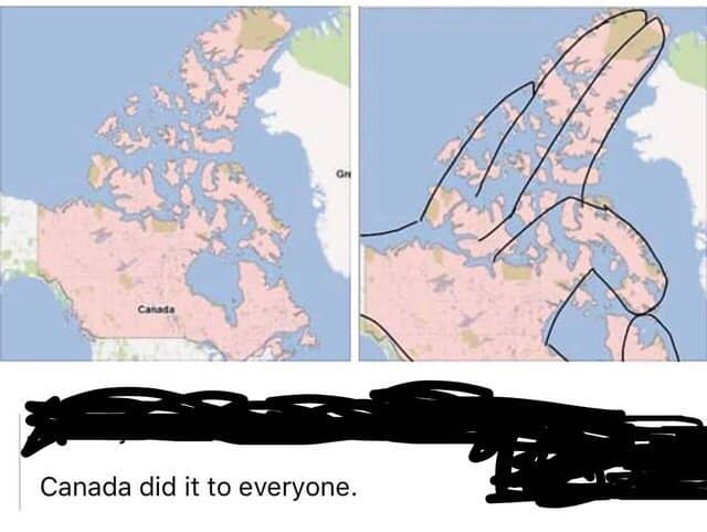 Map of Canada with lines drawn to reveal it is making a "gotcha" finger gesture.