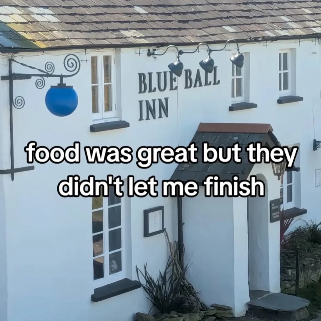 Funny travel meme featuring the Blue Ball Inn sign with an innuendo joke overlay caption.