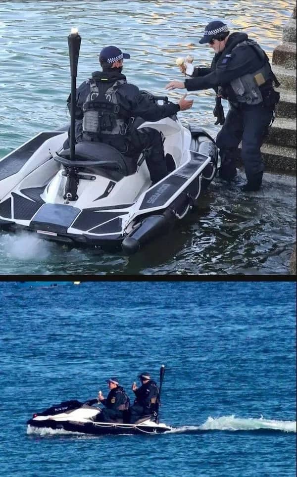 Two-panel image showing police officers on a jet ski buying and then eating ice cream cones.