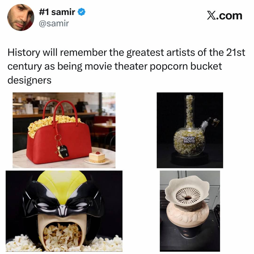 Social media post showcasing bizarre and suggestive promotional movie theater popcorn bucket design shapes.