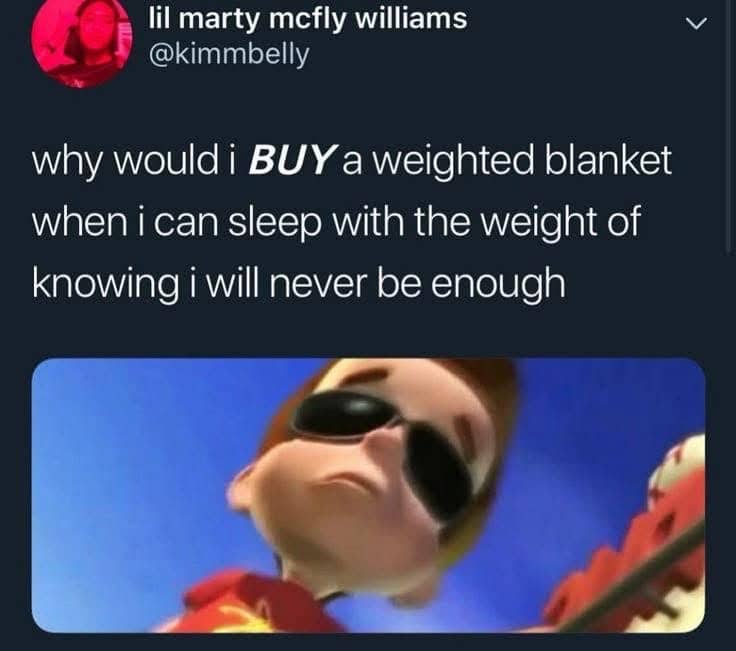Social media post with Jimmy Neutron character joking about the emotional weight of existential dread.