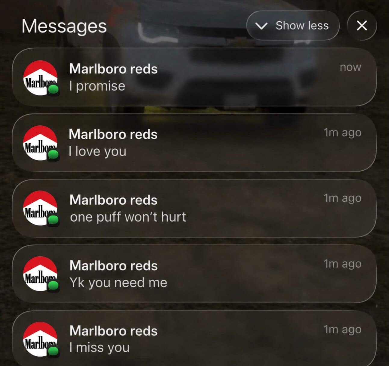 Humorous phone notification screenshot depicting fictional text messages sent from a pack of cigarettes.