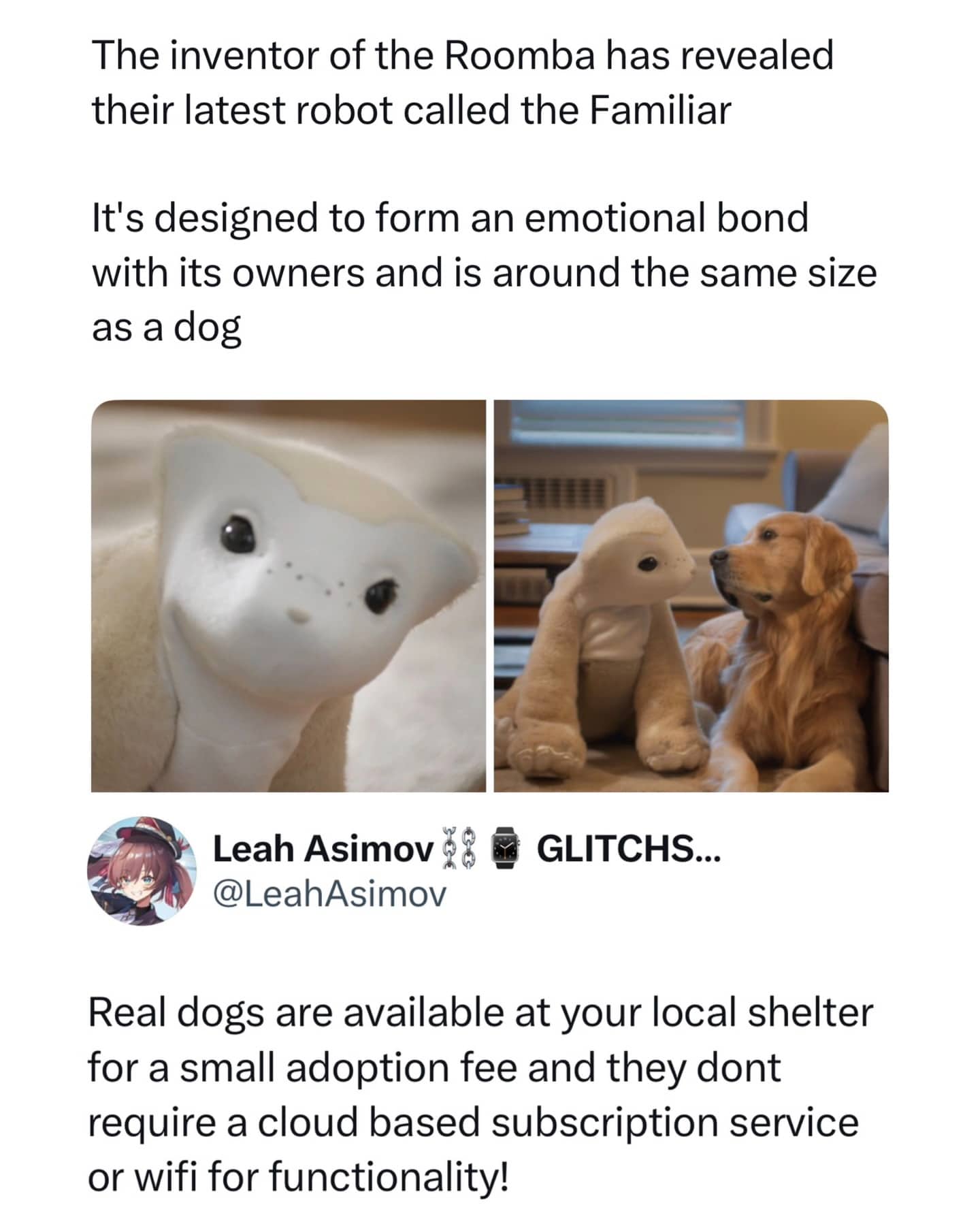 Social media post comparing a new companion robot to a shelter dog that doesn't require subscriptions.