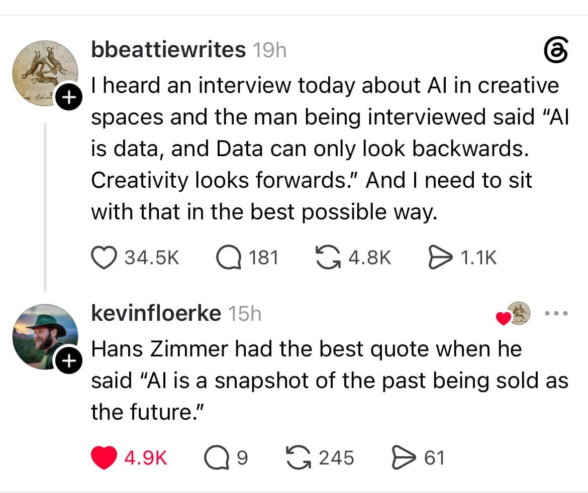 Online discussion thread screenshot featuring quotes criticizing the lack of forward looking creativity in AI.