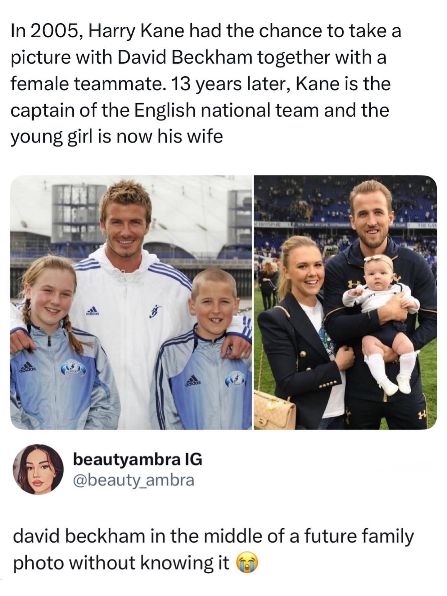 Side-by-side photos showing Harry Kane as a child with David Beckham and later with his wife.
