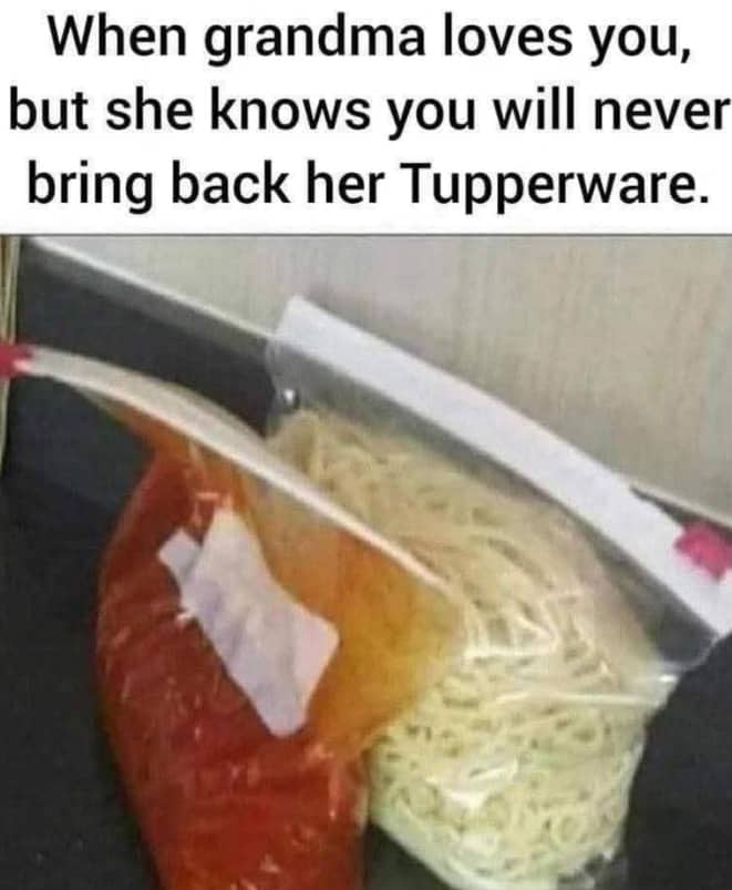 Wholesome meme showing spaghetti and marinara sauce separated inside a single Ziploc storage bag.