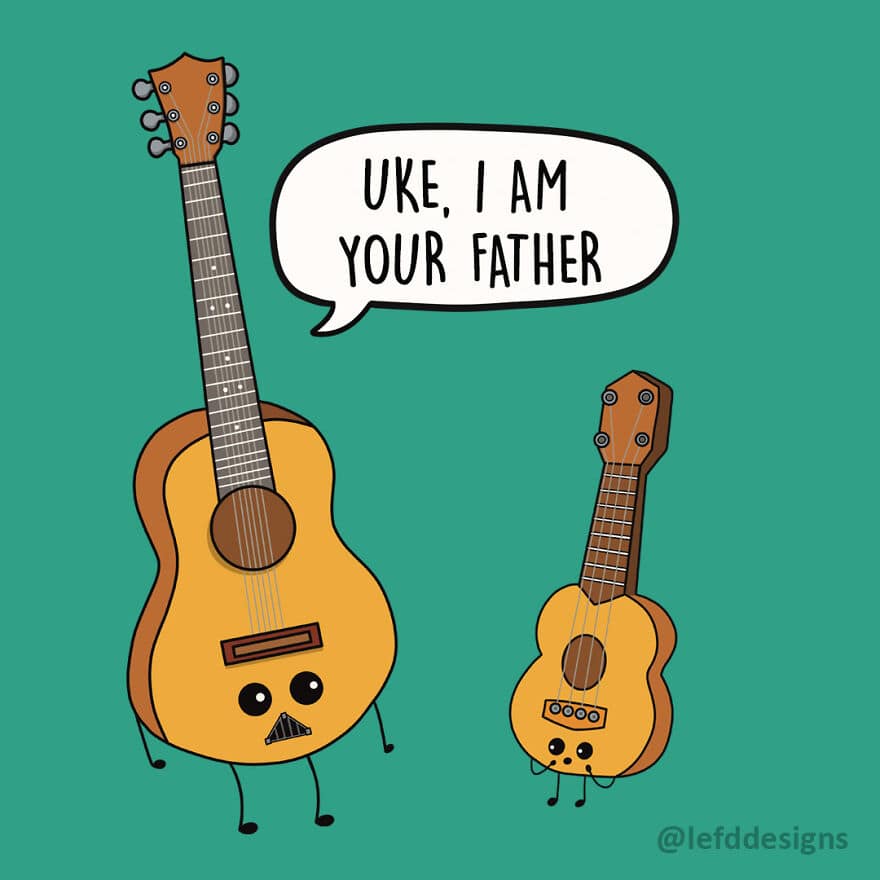 single panel comic by LefdDesigns featuring a large acoustic guitar wearing a Darth Vader mask and cape, pointing a finger at a tiny, wide-eyed ukulele while declaring, "UKE, I AM YOUR FATHER."