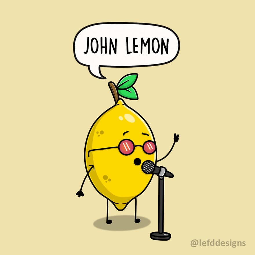A pop-culture single panel comic featuring a yellow lemon with a tiny mustache and round red glasses singing into a microphone, labeled "JOHN LEMON."