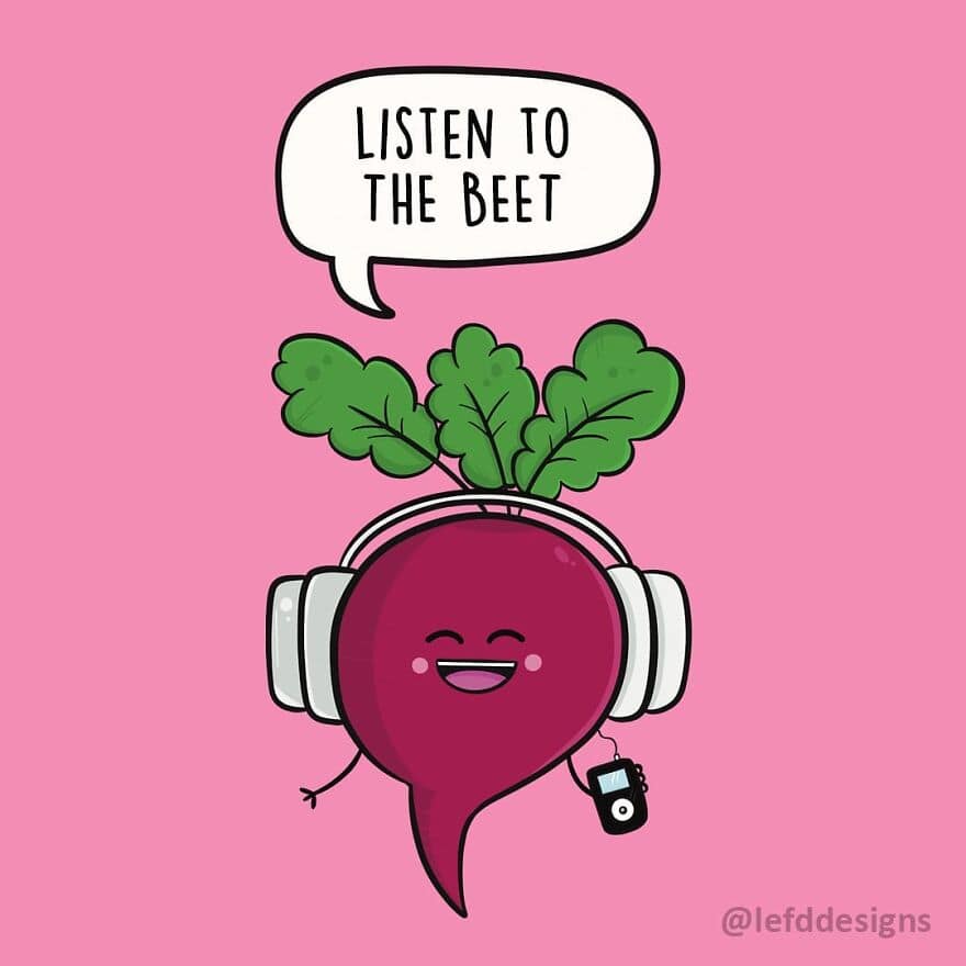 A musical single panel comic by LefdDesigns showing a purple beet wearing large white headphones and holding an MP3 player, captioned "LISTEN TO THE BEET."
