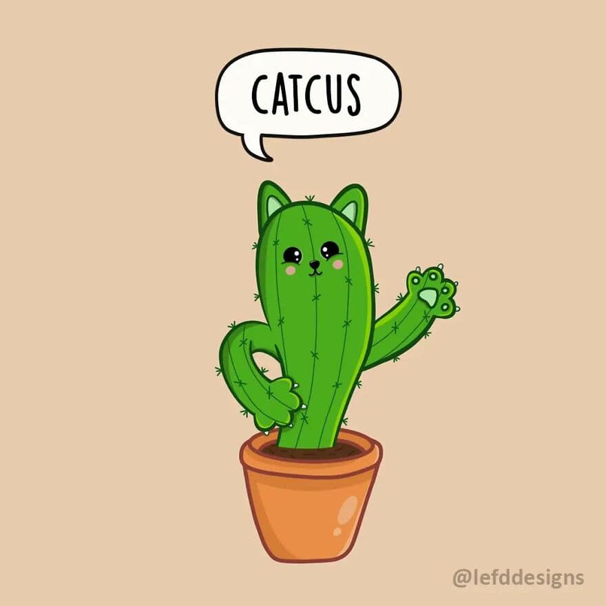 A hybrid LefdDesigns creature feature showing a green cactus with cat ears and a waving paw, titled "CATCUS."
