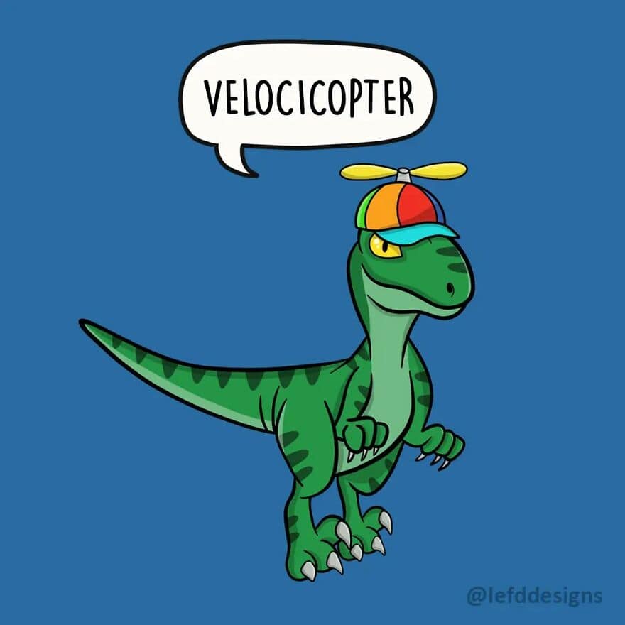 single panel comic featuring a bright green Velociraptor looking sly while wearing a multi-colored propeller beanie hat, captioned "VELOCICOPTER."