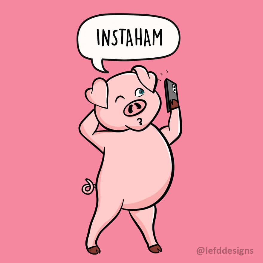 A social-media-themed single panel comic from LefdDesigns showing a pink pig winking and posing for a smartphone selfie, with a speech bubble reading "INSTAHAM."