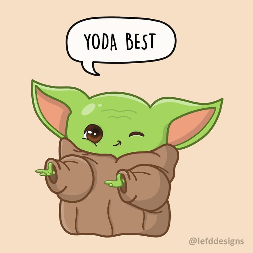 A heartwarming single panel comic by LefdDesigns featuring Grogu (Baby Yoda) winking and pointing finger guns with a speech bubble that simply states, "YODA BEST."